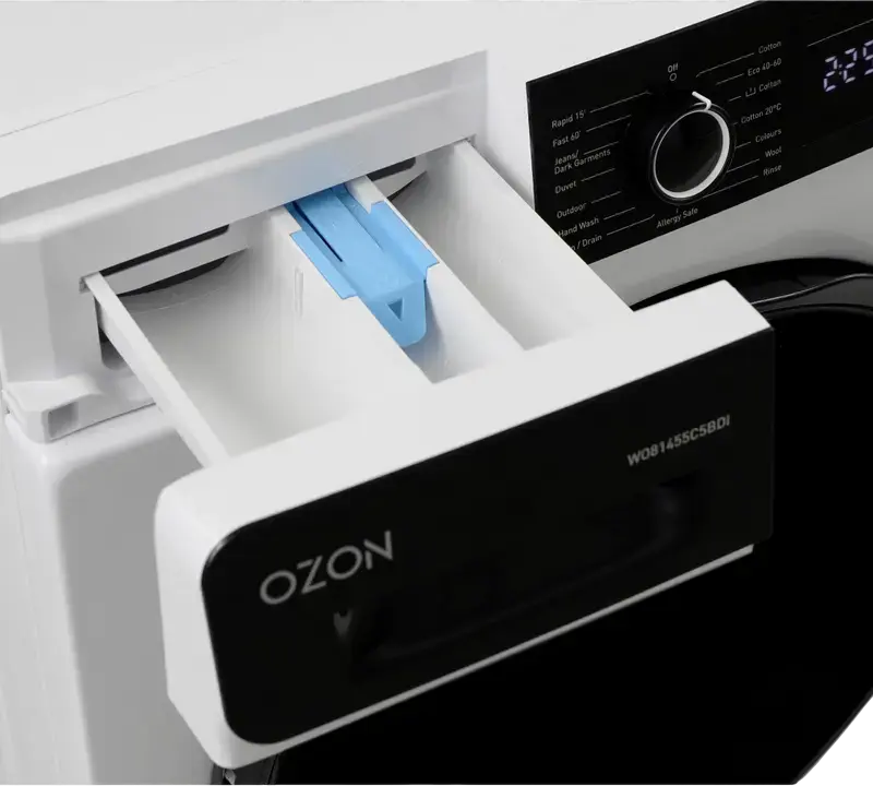 Стиральная машина OZON WO81455C5BDI с фронтальной загрузкой, загрузка 8 кг, инверторный двигатель DC Inverter, 1400 об/мин, белая с черной дверцей, 60x53x85 см