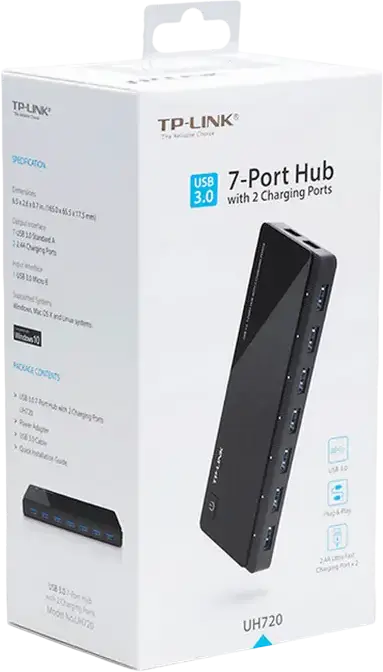 TP-Link UH720 USB 3.0 Hub, 7-Port Data Transfer up to 5Gbps, 2 Dedicated Charging Ports 5V/2.4A for iOS and Android, Plug and Play, Black