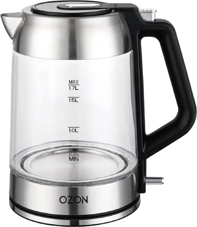Fierbător electric din sticlă OZON EKC-1705A-GS, 1.7L, 2200W, Inox și Plastic, Iluminare LED, Protecție Against Fierberea Uscată, Bază 360 grade, Argintiu