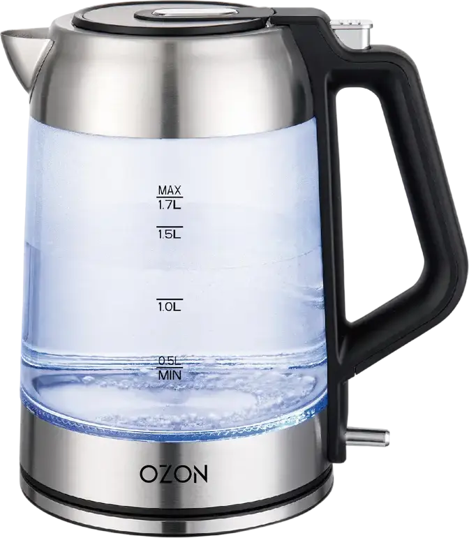 Fierbător electric din sticlă OZON EKC-1705A-GS, 1.7L, 2200W, Inox și Plastic, Iluminare LED, Protecție Against Fierberea Uscată, Bază 360 grade, Argintiu