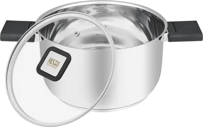 RESTO 92203 Anser Stainless Steel Casserole Pot with Glass Lid, 3.2L Volume, 20cm Diameter, Bakelite Handles, Induction Compatible