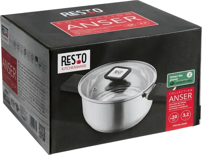 RESTO 92203 Anser Stainless Steel Casserole Pot with Glass Lid, 3.2L Volume, 20cm Diameter, Bakelite Handles, Induction Compatible