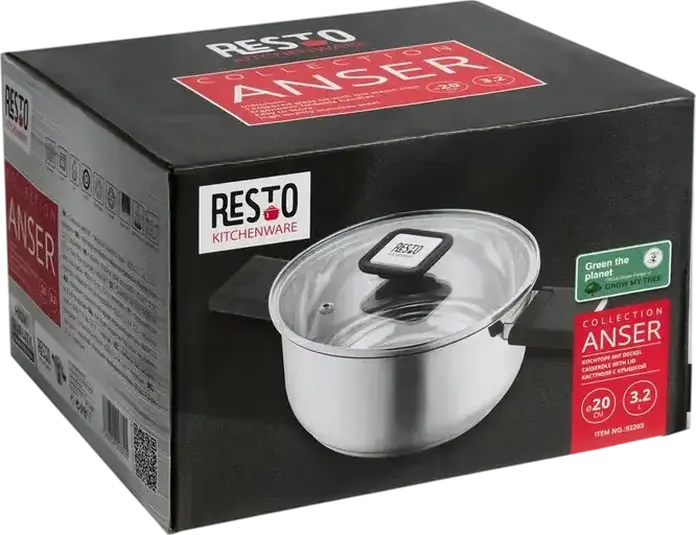 RESTO 92203 Anser Stainless Steel Casserole Pot with Glass Lid, 3.2L Volume, 20cm Diameter, Bakelite Handles, Induction Compatible