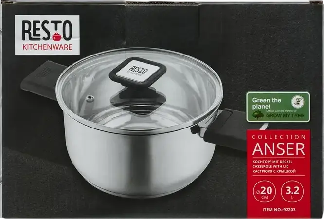 RESTO 92203 Anser Stainless Steel Casserole Pot with Glass Lid, 3.2L Volume, 20cm Diameter, Bakelite Handles, Induction Compatible