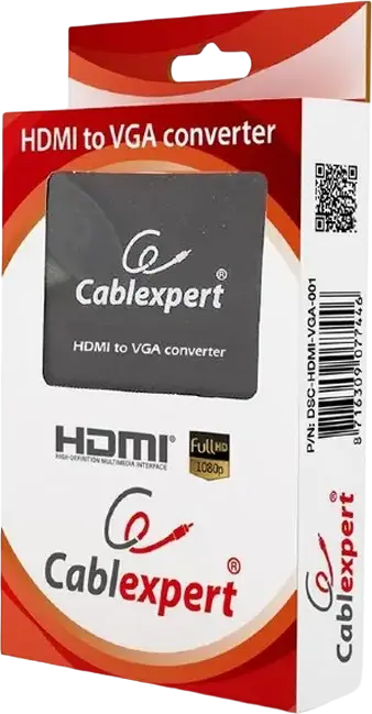 Переходник Cablexpert DSC-HDMI-VGA-001 с HDMI на VGA с аудиовыходом 3.5 мм, разрешение Full HD 1920x1080@60Hz, питание через USB, черный