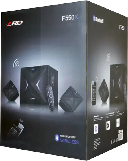 Sistem Difuzoare Multimedia F&D F550X 2.1 Canale, 56W RMS, Bluetooth, NFC, Radio FM, USB, SD, Subwoofer 6.5", MDF Lemn, Iluminare LED, Telecomanda, Negru