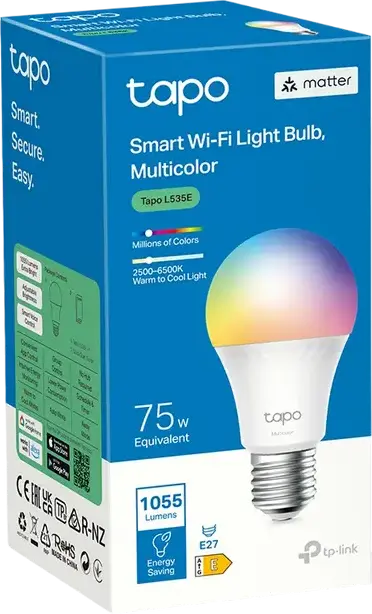Bec Inteligent Wi-Fi TP-Link Tapo L535E E27 A60, Multicolor RGB si Alb Reglabil 2500-6500K, 1055lm, Compatibil Matter, Control Alexa Google Siri