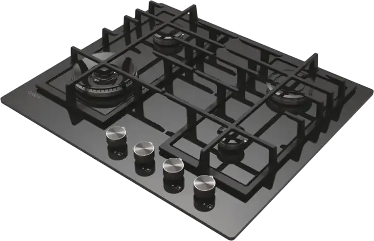 Candy CVFG6BF4PX Built-in Gas on Glass Hob, 4 Burners with 1 Super-Rapid 4kW Ring, Cast Iron Grates, Tempered Glass Surface, Black, 59.5 cm