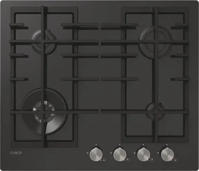 Candy CVFG6BF4PX Built-in Gas on Glass Hob, 4 Burners with 1 Super-Rapid 4kW Ring, Cast Iron Grates, Tempered Glass Surface, Black, 59.5 cm
