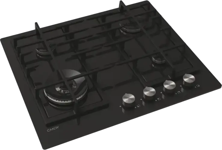 Candy CVFG6BF4PX Built-in Gas on Glass Hob, 4 Burners with 1 Super-Rapid 4kW Ring, Cast Iron Grates, Tempered Glass Surface, Black, 59.5 cm