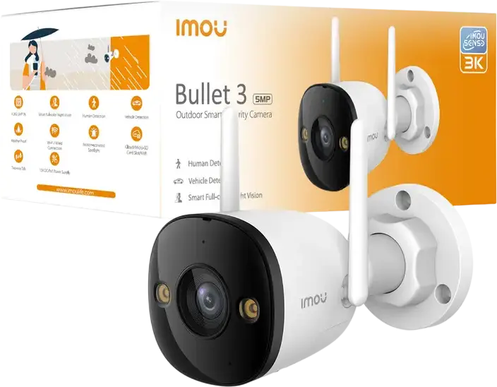 Camera de Supraveghere IMOU Bullet 3 Wi-Fi 6, Rezolutie 5MP 3K (2880 x 1620), IP67 Rezistenta la Apa, AI IMOU SENSE Detectie Persoane si Vehicule, Noapte Color, Audio Bidirectional, Sirena 110dB, Alb