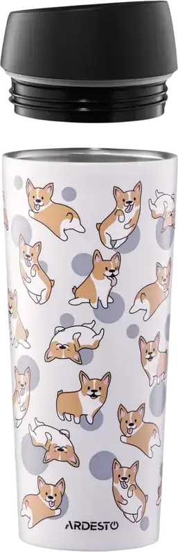 Термокружка Ardesto AR2645CR Coffee Time Corgi, 0.45 л, Нержавеющая Сталь, Серая, Клапан с Кнопкой, Сохранение Тепла до 8ч и Холода до 16ч, Без BPA