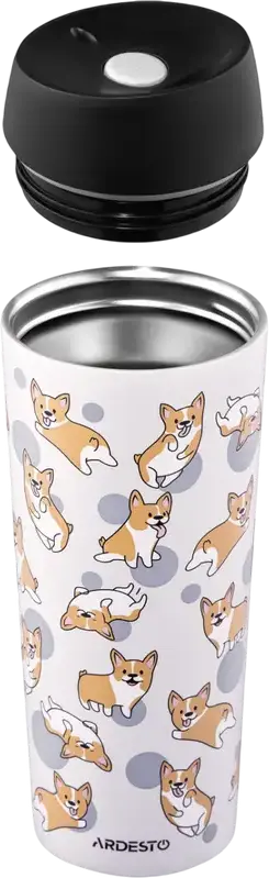 Термокружка Ardesto AR2645CR Coffee Time Corgi, 0.45 л, Нержавеющая Сталь, Серая, Клапан с Кнопкой, Сохранение Тепла до 8ч и Холода до 16ч, Без BPA