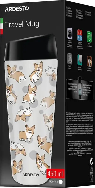 Термокружка Ardesto AR2645CR Coffee Time Corgi, 0.45 л, Нержавеющая Сталь, Серая, Клапан с Кнопкой, Сохранение Тепла до 8ч и Холода до 16ч, Без BPA