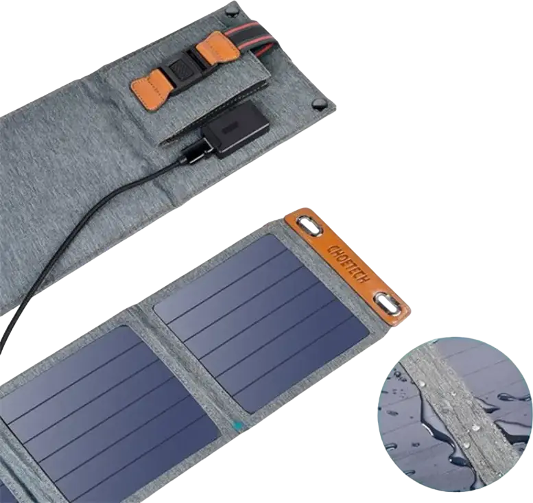 Incarcator Solar Pliabil Choetech SC004 14W, Port USB-A 5V/2.4A, Eficienta 23.5%, Nailon Impermeabil, Panou Portabil Rezistent la Intemperii, Gri