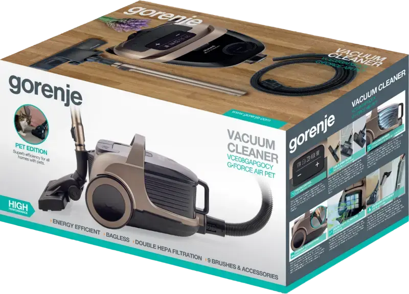 Gorenje VCE08GAPGOCY Bagless Cylinder Vacuum Cleaner, 850W Motor, 170W Suction Power, 3.3L Container, HEPA Filter, Bronze, ActiveBumper