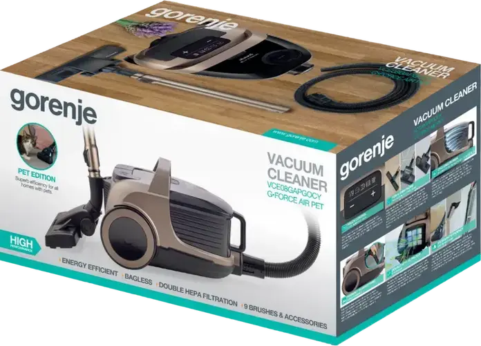 Gorenje VCE08GAPGOCY Bagless Cylinder Vacuum Cleaner, 850W Motor, 170W Suction Power, 3.3L Container, HEPA Filter, Bronze, ActiveBumper