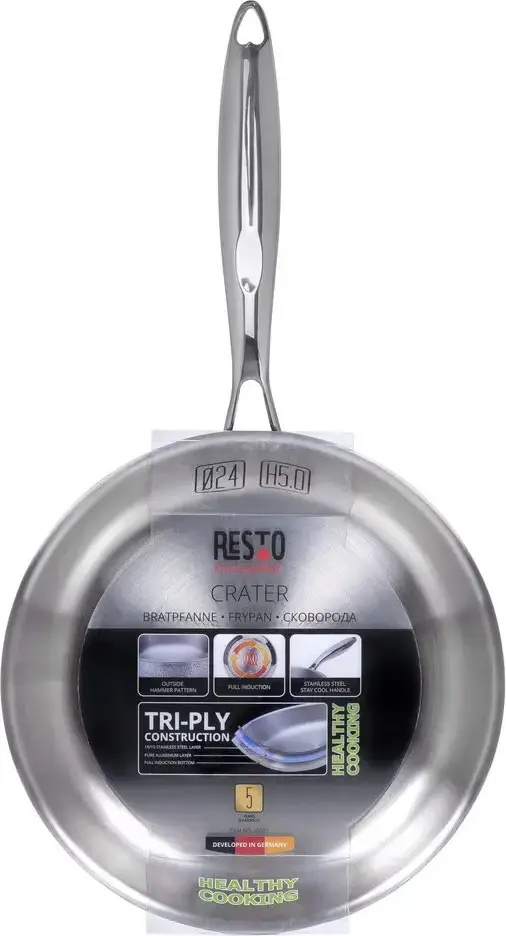 Tigaie Resto Crater 95001 din Otel Inoxidabil Tri-Ply, 24 cm cu Design Ciocanit, Compatibila cu Inductie, Rezistenta la Cuptor pana la 220°C