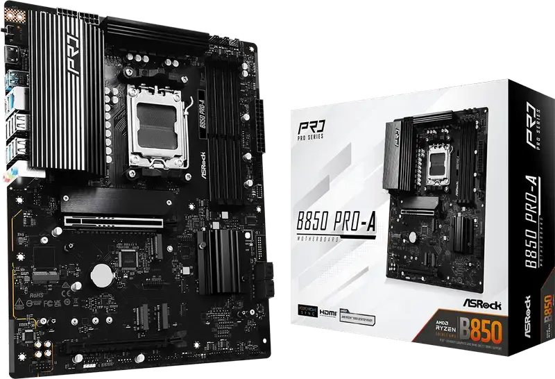 Материнская плата ASRock B850 Pro-A ATX AM5 чипсет AMD B850 DDR5 8000+ МГц OC PCIe 5.0 x16 Blazing M.2 Gen5 для процессоров Ryzen 9000 8000 7000