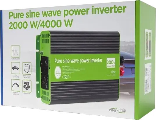 Invertor de tensiune cu unda sinusoidală pură Energenie EG-PWC-PS2000-01, 2000W Continuu, 4000W Vârf, 12V DC la 230V AC, Port USB, Ventilator Răcire