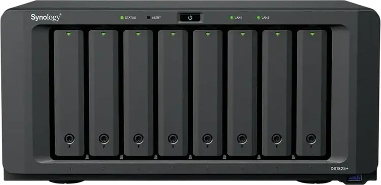 Сетевое хранилище Synology DS1825+ NAS Disk Station, 8 отсеков, AMD Ryzen V1500B 4-ядра 2.2 ГГц, 8ГБ DDR4 ECC RAM, 2 слота M.2 NVMe, Dual 1GbE LAN, Черный