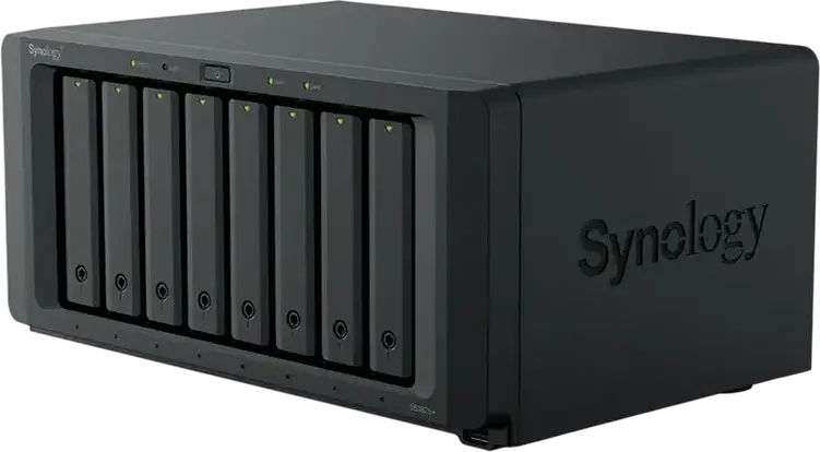 Сетевое хранилище Synology DS1825+ NAS Disk Station, 8 отсеков, AMD Ryzen V1500B 4-ядра 2.2 ГГц, 8ГБ DDR4 ECC RAM, 2 слота M.2 NVMe, Dual 1GbE LAN, Черный