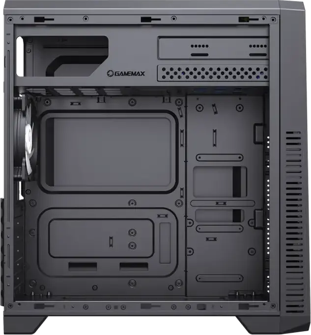 Gamemax G561E-BK Mid-Tower Gaming Case, Black SPCC, Frameless Transparent Side Panel, 3x 120mm Fixed RGB Fans, ATX Support, 370mm VGA Max