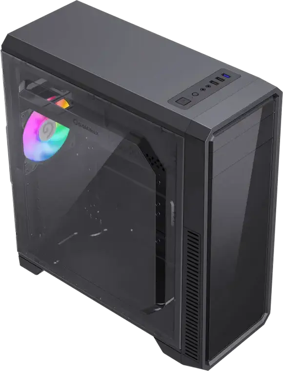Gamemax G561E-BK Mid-Tower Gaming Case, Black SPCC, Frameless Transparent Side Panel, 3x 120mm Fixed RGB Fans, ATX Support, 370mm VGA Max