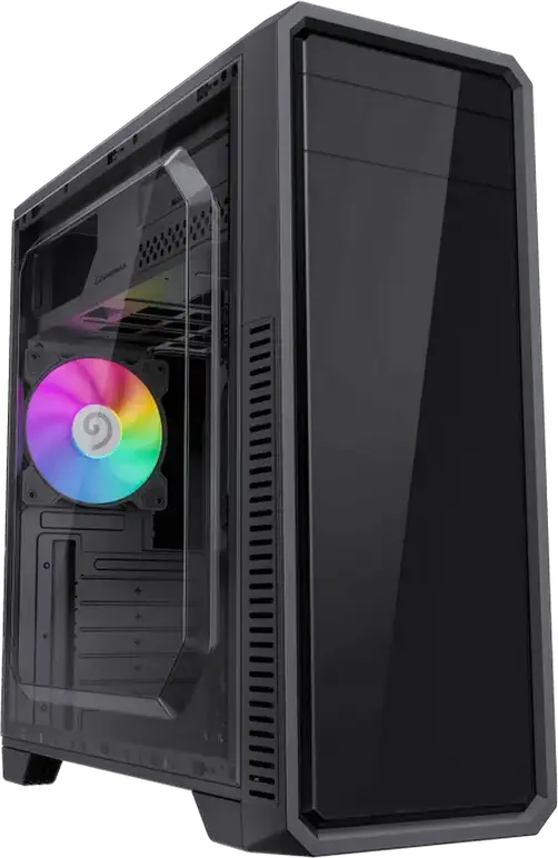 Gamemax G561E-BK Mid-Tower Gaming Case, Black SPCC, Frameless Transparent Side Panel, 3x 120mm Fixed RGB Fans, ATX Support, 370mm VGA Max