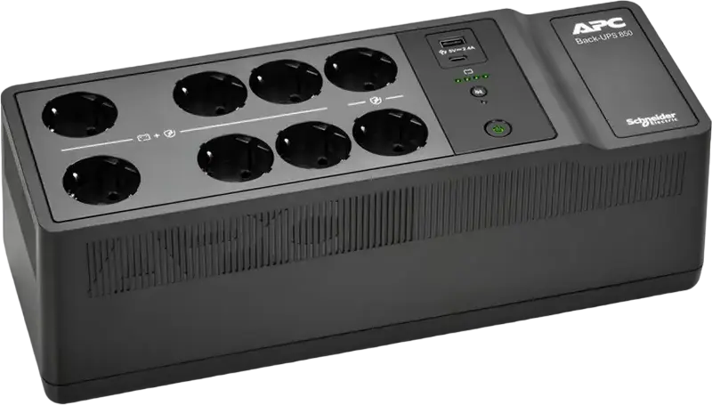APC BE850G2-GR Uninterruptible Power Supply (UPS) 850VA 520W Tower, 8 Schuko Outlets, USB-A & USB-C Charging Ports, Surge Protection, Black