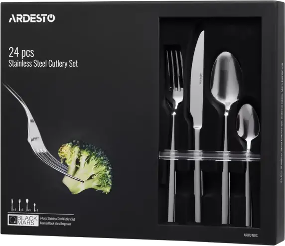Ardesto AR0724BES Black Mars Bergmann 24 Piece Cutlery Set, Stainless Steel Mirror Polish Flatware for 6 People, Dishwasher Safe