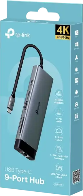 Hub TP-Link UH9120C USB-C 9-in-1, HDMI 4K@60Hz, Ethernet 1Gbps, 3x USB 3.2 Gen 1, PD 100W, Cititoare SD/microSD, Aliaj Aluminiu, Argintiu
