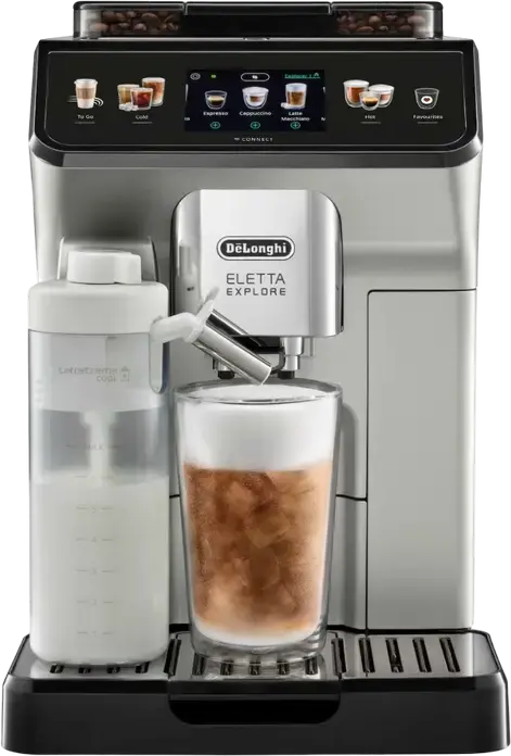 DeLonghi Eletta Explore ECAM450.65.S Automatic Coffee Machine, 1450W, 19 bar, 1.8L Tank, LatteCrema Hot & Cool Carafe, Wi-Fi, Cold Brew, Stainless Steel / Black