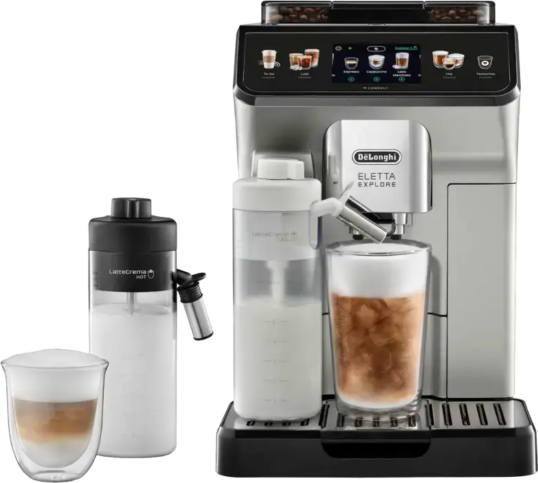 DeLonghi Eletta Explore ECAM450.65.S Automatic Coffee Machine, 1450W, 19 bar, 1.8L Tank, LatteCrema Hot & Cool Carafe, Wi-Fi, Cold Brew, Stainless Steel / Black