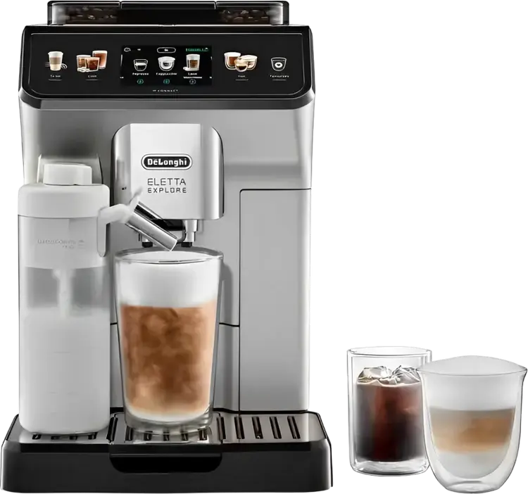 DeLonghi Eletta Explore ECAM450.65.S Automatic Coffee Machine, 1450W, 19 bar, 1.8L Tank, LatteCrema Hot & Cool Carafe, Wi-Fi, Cold Brew, Stainless Steel / Black