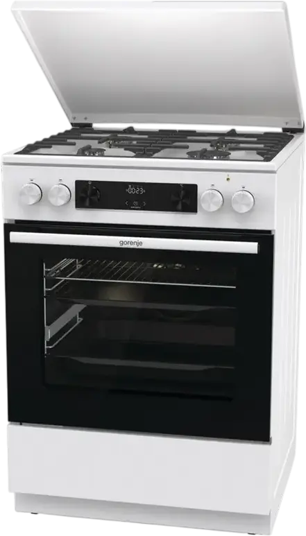 Комбинированная плита Gorenje GKS6C71WF, электродуховка 71 л с конвекцией, 4 газовые конфорки, чугунные решетки, AquaClean, белая, 60x85x60 см