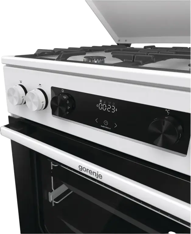 Комбинированная плита Gorenje GKS6C71WF, электродуховка 71 л с конвекцией, 4 газовые конфорки, чугунные решетки, AquaClean, белая, 60x85x60 см