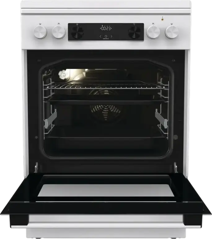 Комбинированная плита Gorenje GKS6C71WF, электродуховка 71 л с конвекцией, 4 газовые конфорки, чугунные решетки, AquaClean, белая, 60x85x60 см