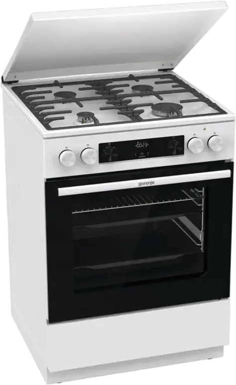 Комбинированная плита Gorenje GKS6C71WF, электродуховка 71 л с конвекцией, 4 газовые конфорки, чугунные решетки, AquaClean, белая, 60x85x60 см