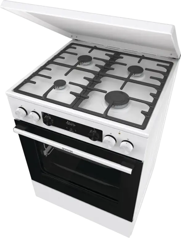 Комбинированная плита Gorenje GKS6C71WF, электродуховка 71 л с конвекцией, 4 газовые конфорки, чугунные решетки, AquaClean, белая, 60x85x60 см