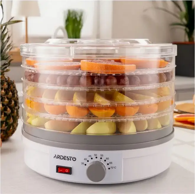 Ardesto FDB-5320 Food Dehydrator, 245W, 5 Trays, 35-70°C Temperature Range, Mechanical Control, White Plastic, for Fruits, Vegetables, Meat
