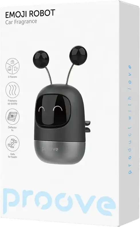 Автомобильный диффузор Proove Emoji Robot Happy для дефлектора, ABS и алюминиевый сплав, с 3 твердыми ароматическими таблетками, черный