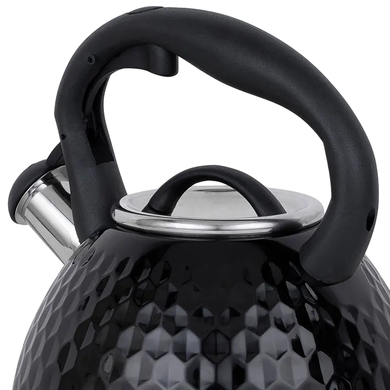 Resto 90606 ARIES Whistling Kettle, 2.7L Stainless Steel Hammered Body, Soft-touch Handle with Spout Button, Induction & Gas Compatible, Black