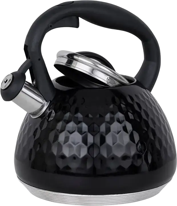 Resto 90606 ARIES Whistling Kettle, 2.7L Stainless Steel Hammered Body, Soft-touch Handle with Spout Button, Induction & Gas Compatible, Black