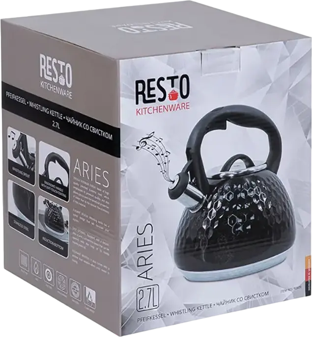 Resto 90606 ARIES Whistling Kettle, 2.7L Stainless Steel Hammered Body, Soft-touch Handle with Spout Button, Induction & Gas Compatible, Black