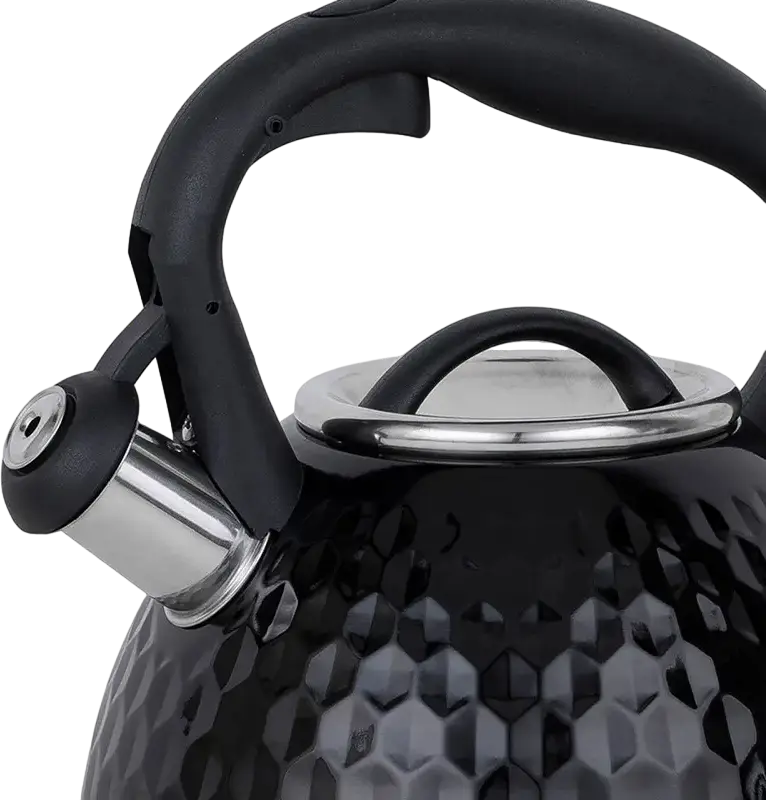 Resto 90606 ARIES Whistling Kettle, 2.7L Stainless Steel Hammered Body, Soft-touch Handle with Spout Button, Induction & Gas Compatible, Black