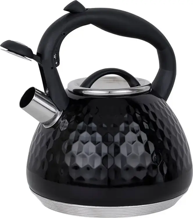 Resto 90606 ARIES Whistling Kettle, 2.7L Stainless Steel Hammered Body, Soft-touch Handle with Spout Button, Induction & Gas Compatible, Black