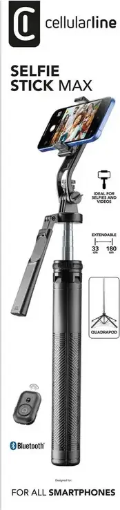 Cellularline Selfie Stick Max Tripod si Quadrapod Bluetooth, Tija Telescopica din Otel 180 cm, Rotire 360 Grade, Telecomanda Detasabila, Negru