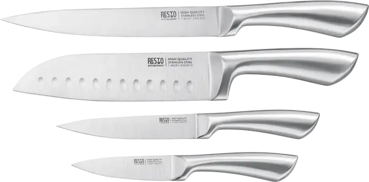 RESTO 95606 Merope 4-Piece Stainless Steel Knife Set - Santoku, Slicing, Utility and Paring Knives - X30Cr13 Stainless Steel Blades - Grey