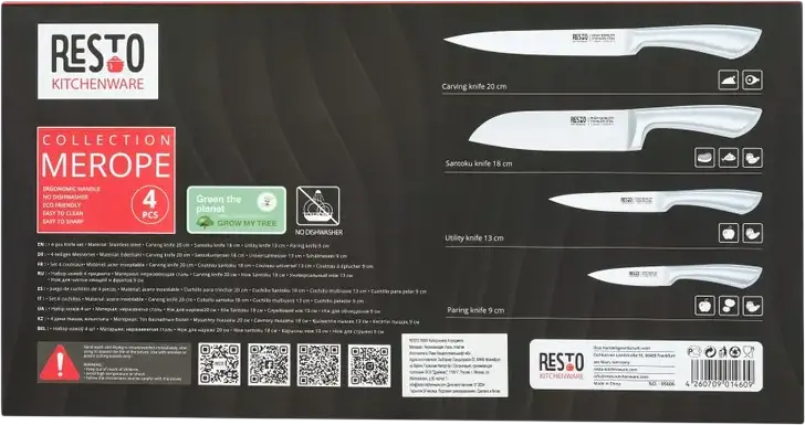 RESTO 95606 Merope 4-Piece Stainless Steel Knife Set - Santoku, Slicing, Utility and Paring Knives - X30Cr13 Stainless Steel Blades - Grey
